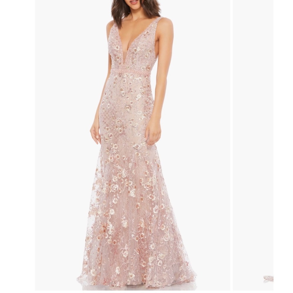 Mac Duggal Floral Embroidered Gown Women 6 Sequin V-Neck Rose Pink 67481 $698